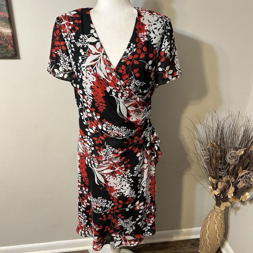 Vtg JBS LTD Women Chiffon Faux Wrap Midi Red Black White Floral Dress Sz 14 ?!